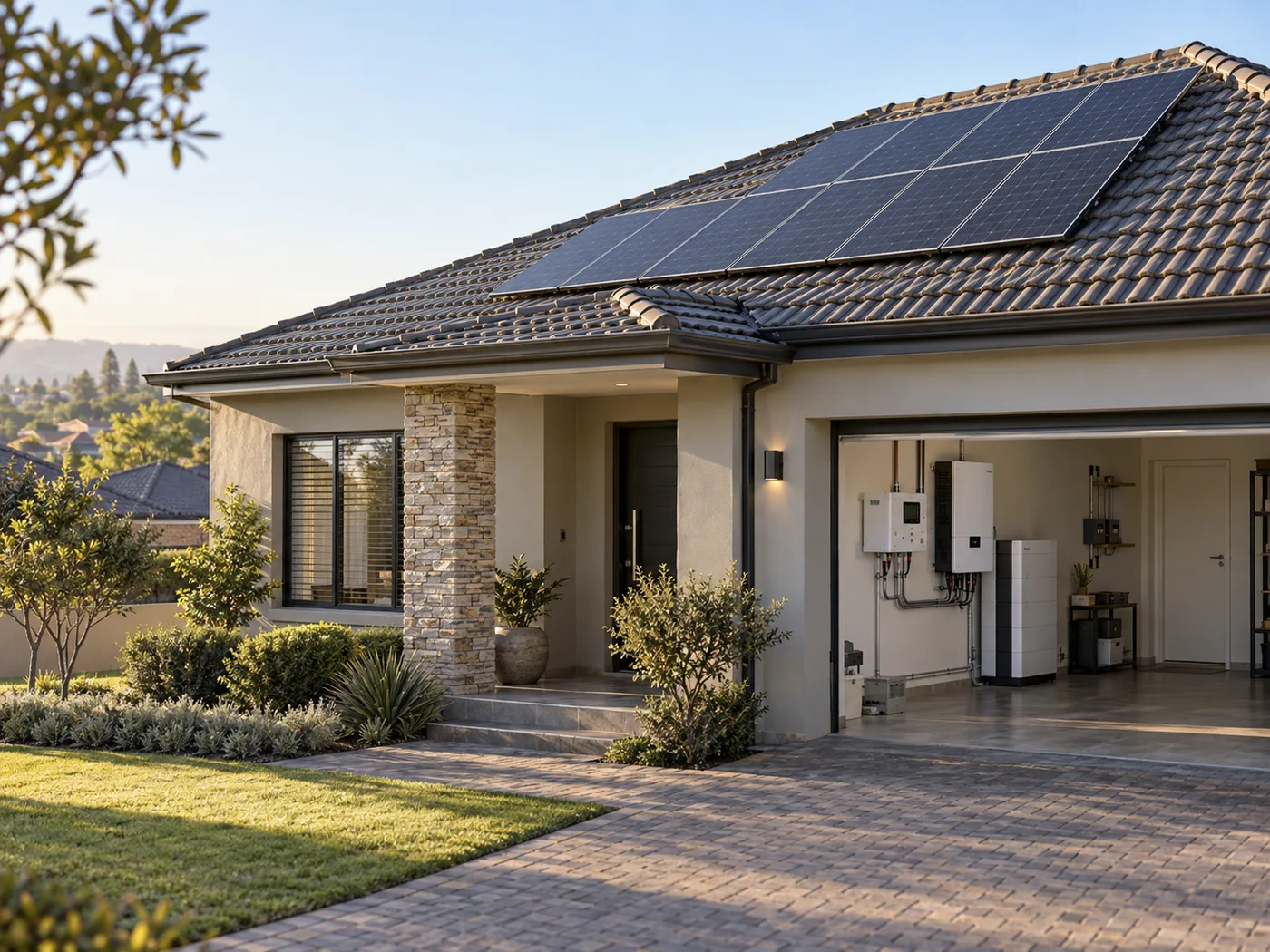 Complete home solar installation with rooftop panels, inverter and battery storage