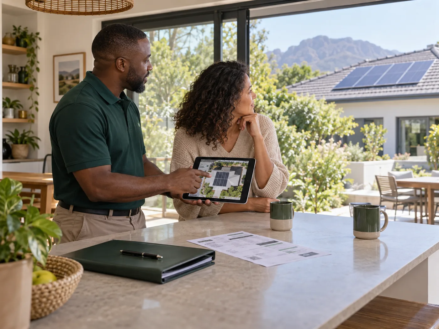 Homeowner reviewing a proposed rooftop solar layout with an adviser